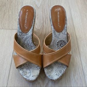 A. Marinelli Tan Embroidered Wedges Sandals